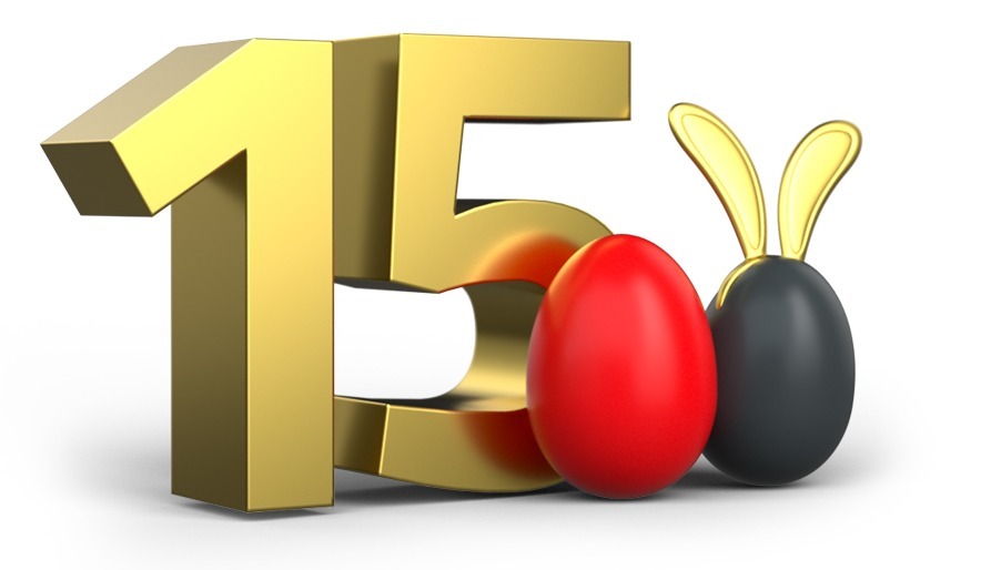 WEdirekt 15 Jahre Osteraktion Slogan Cheers To 15 Years, golden 15 and easter eggs