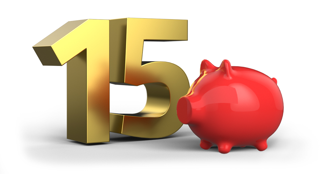 15 years WEdirekt - piggy bank Golden 15 with a piggybank