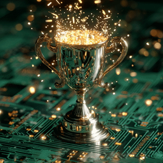 WEdirekt trophy Golden trophy surrounded by circuit board traces